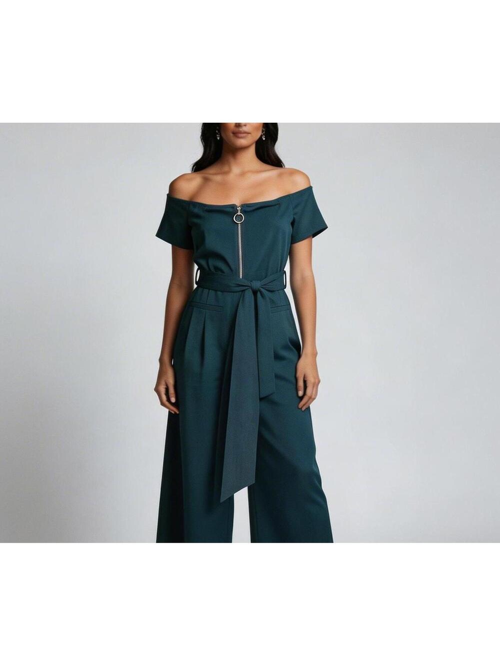 essue Short-Sleeve Wide-Leg Belted Jumpsuit with Front Zip